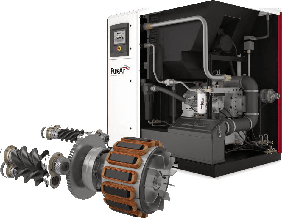 Compresor de tornillo Gardner Denver PureAir con el conjunto de rotores y motor al descubierto